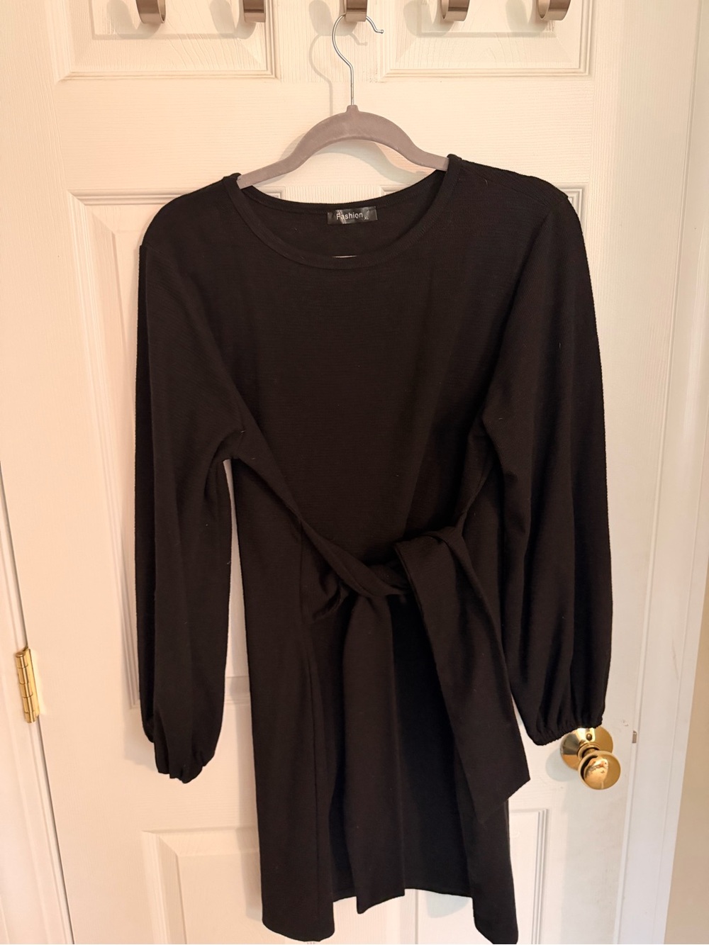Long-Sleeve Black Tie-Waist Midi Dress